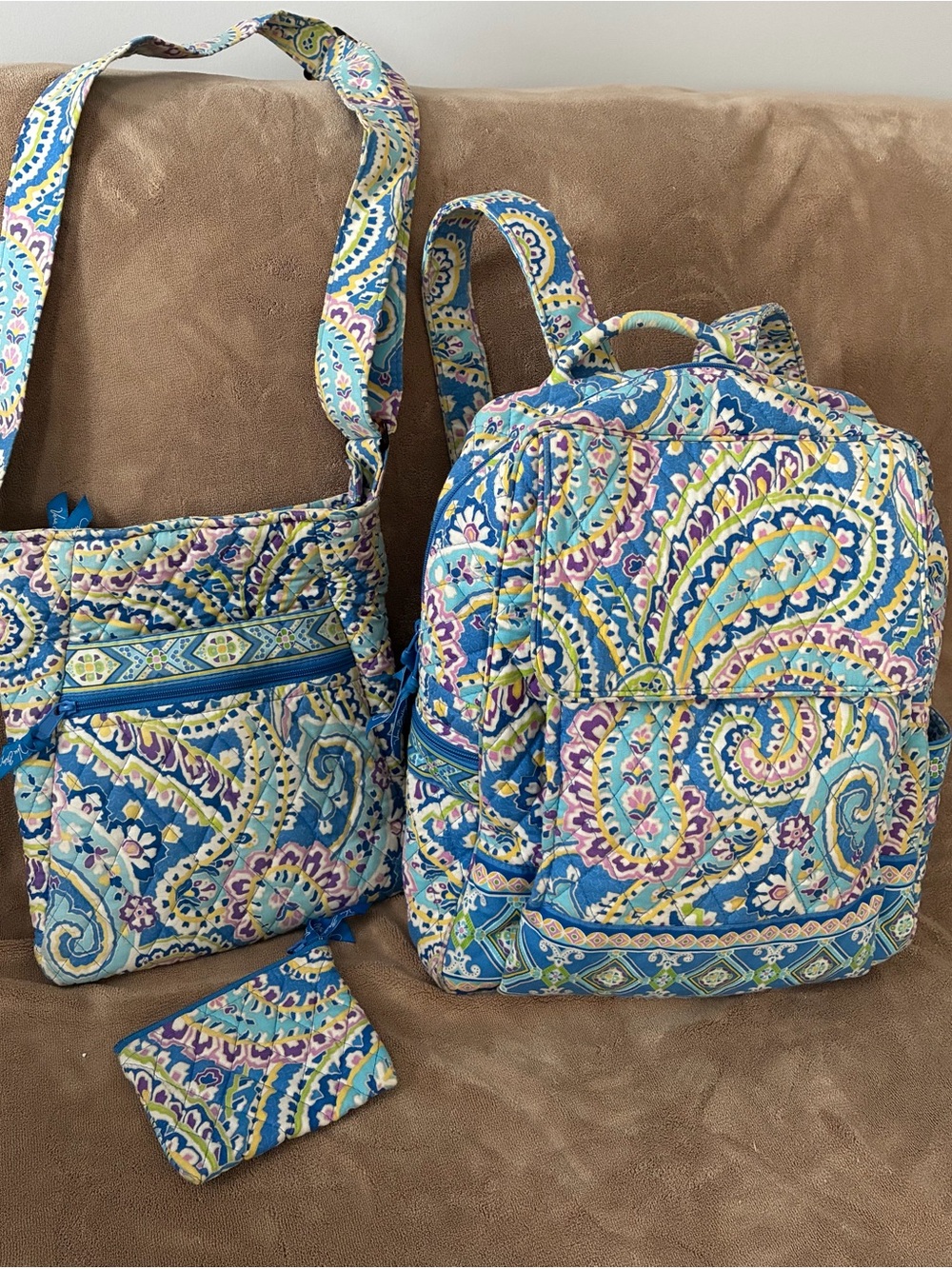 Lot of Vera Bradley Retired Blue Capri Quilted Backpack,Crossbody & Change Purse